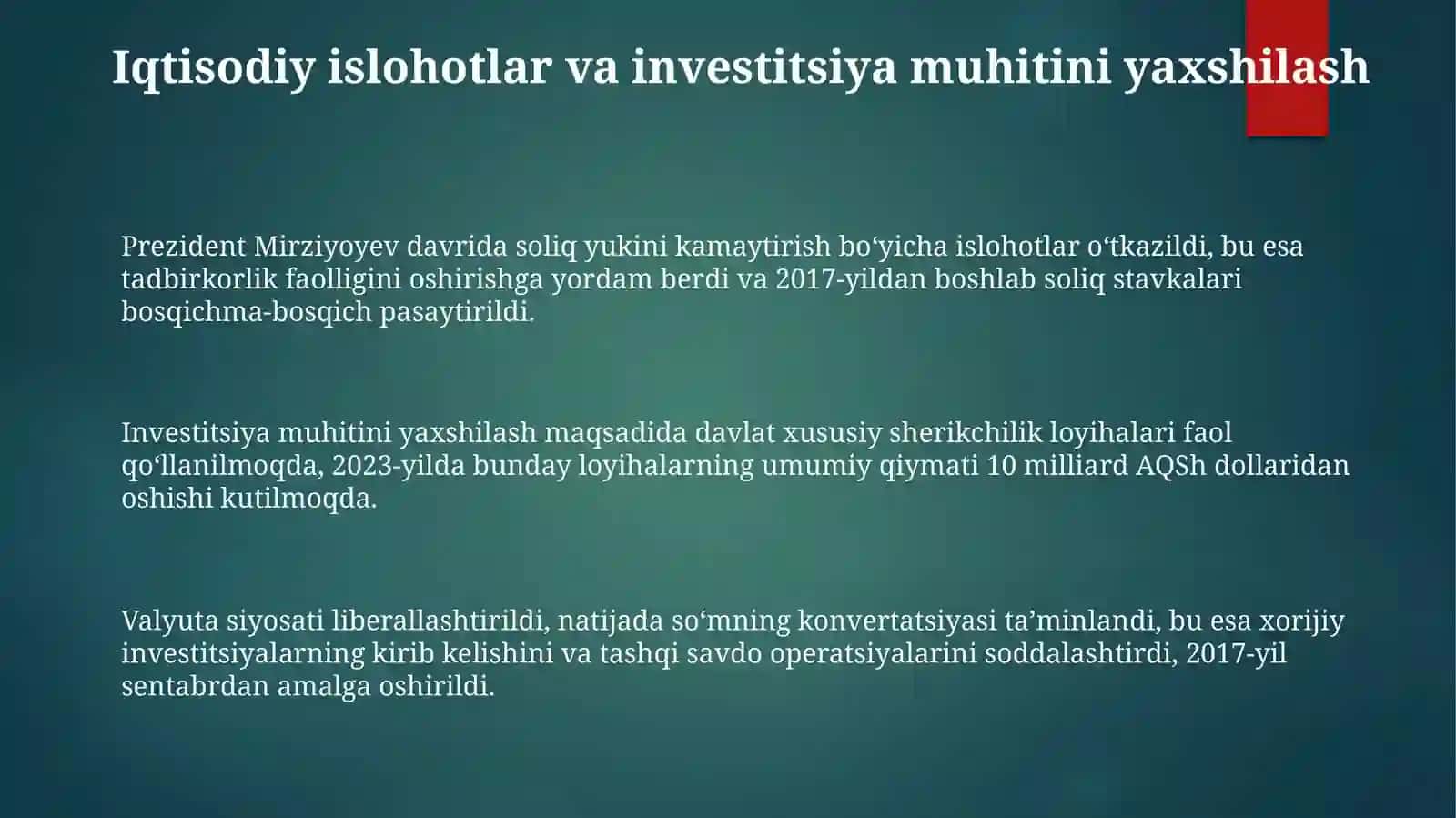 YАNGI OʻZBЕKISTONDА PREZIDENT SH.M.MIRZIYOYEV RAHBARLIGIDA ISLOHOTLАR 3