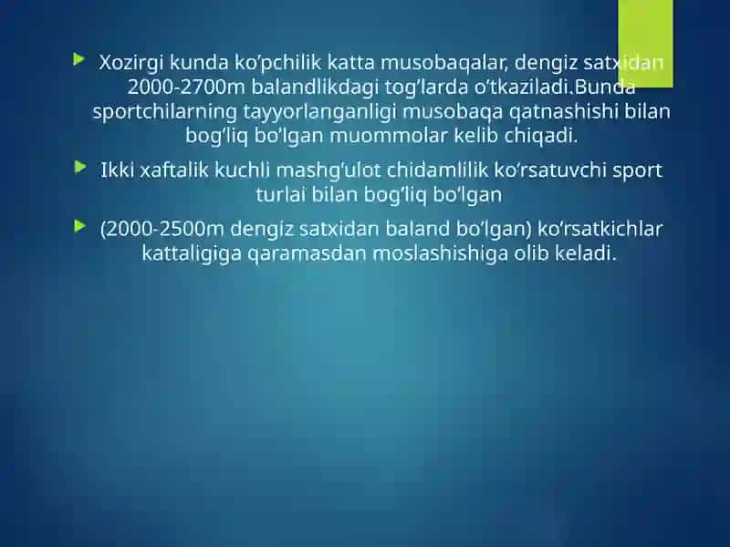 O’RTA,YUQORI, TOG’ VA SUN’IY GIPOKSIYA SHAROITLARIDA SPORTCHILARNI TAYYORLASHTIZIMI 3