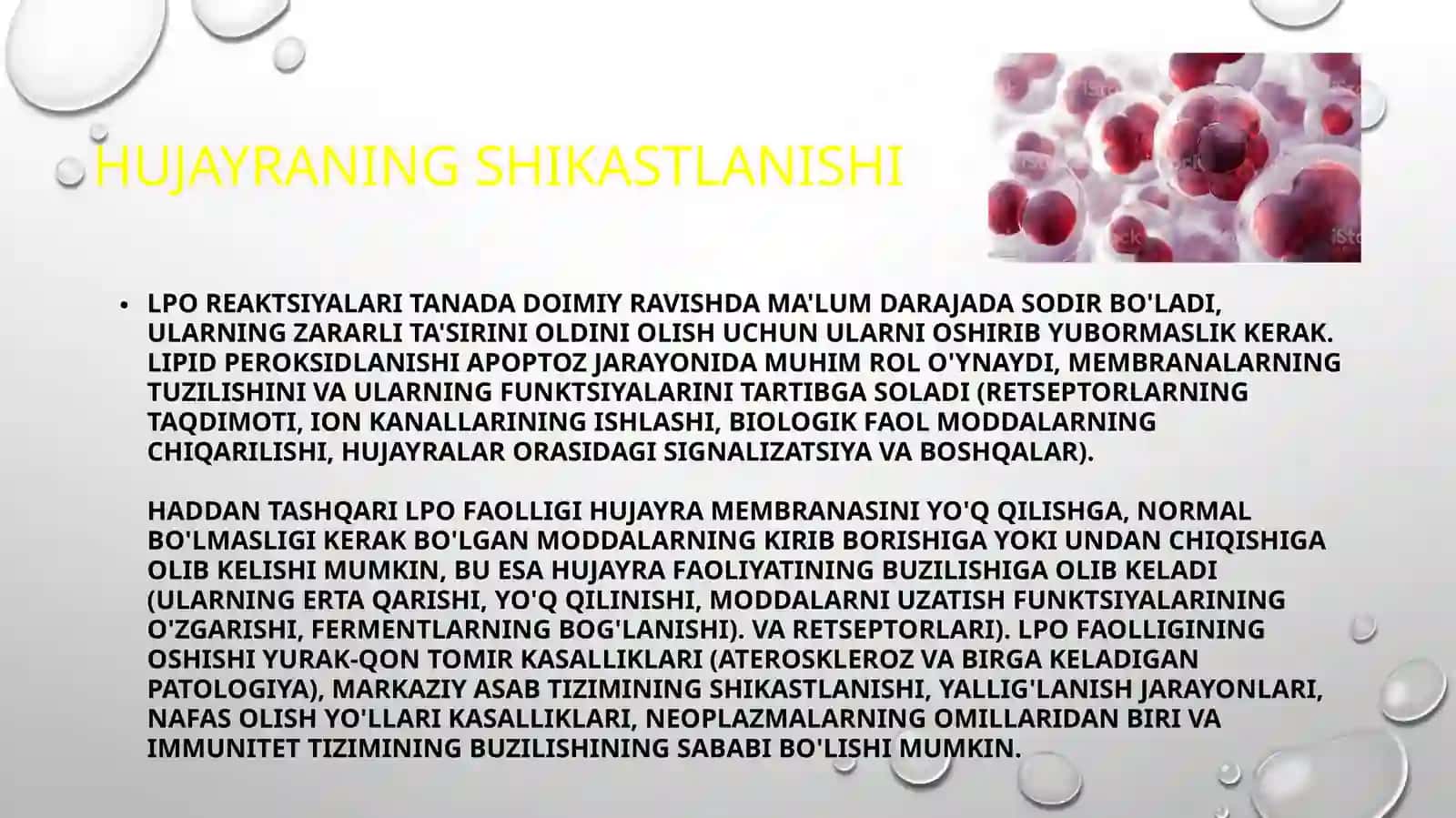 Lipidlar HaqidaReja:1.Lipidlarning Peroksidlanishi2.Hujayraning shikastlanishi3.Katagenezdagi Ahamiyati 3