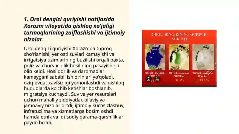 Orol dengizi bilan bogʻliq ekologik xalokatlar Xorazm viloyatidagi ijtimoiy nizolar va migratsiyaga qanday sabab boʻlayotganini koʻrib chiqish 3