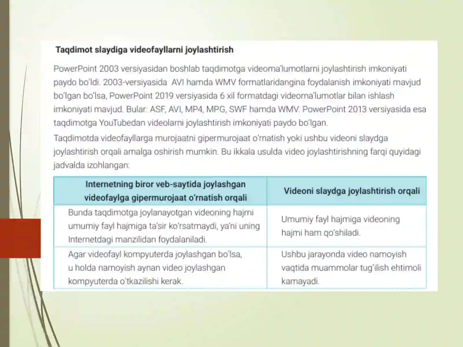 MS POWER POINT DASTURIDA GRAFIK (DIAGRAMMA VA RASM), JADVAL, VIDEO OBYEKTLARI, ANIMATSIYA VA GIPERSSILKA ELEMENTLARI BILAN ISHLASH 3