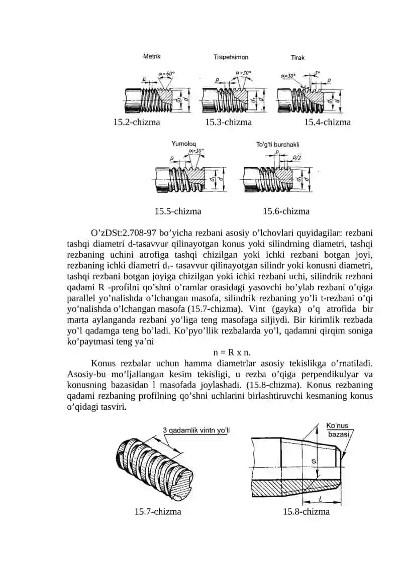Rezbalarni chizmalarda  tasvirlanshi va belgilanishi O’z.DST 2.311-97.Standart biriktirish detallari. 3