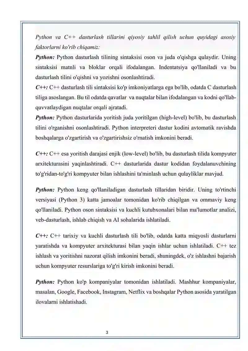 Dasturlash tillarining qiyosiy tahlilini keltirish 3
