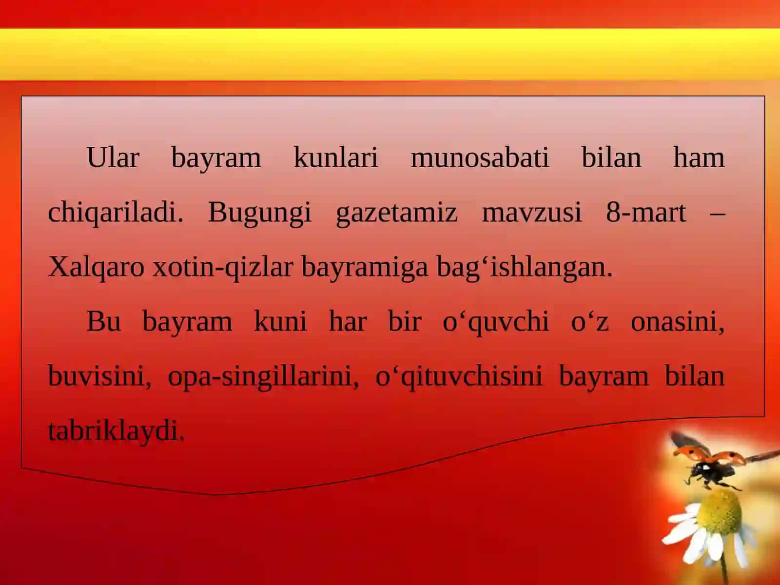 8-mart bayramiga devoriy gazeta ishlash. Nazorat ishi 3