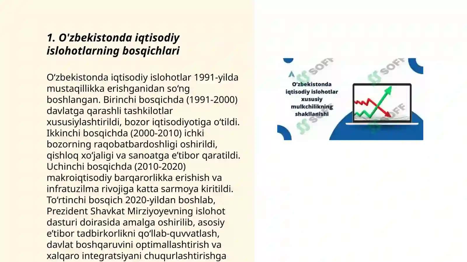 Iqtisodiy islohotlar, xususiy mulkchilikning shakllanishi. Oʻzbekistonda bozor munosabatlarining rivojlanishi 3
