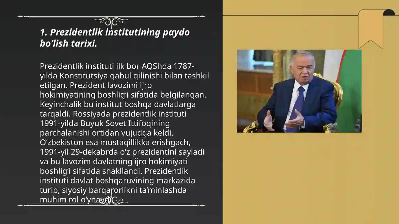 Oʻzbekiston respublikasida prezidentlik institutining joriy etilishi islom Karimov Oʻzbekiston respublikasi etib saylanishi 3