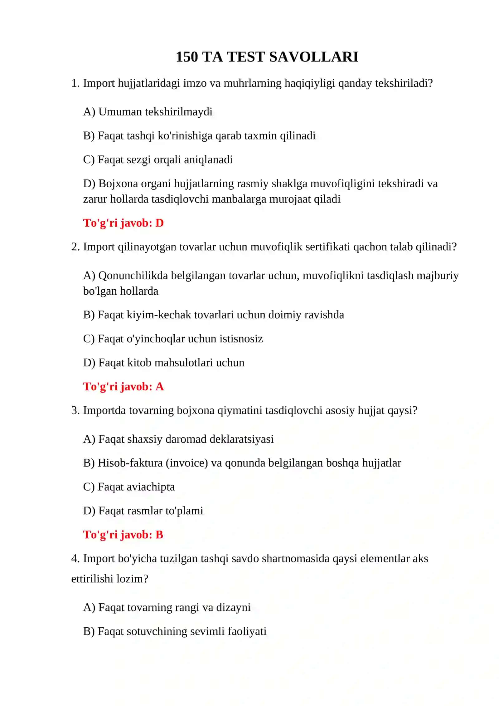 EKSPORT HUJJATLARI TESTLARI 3