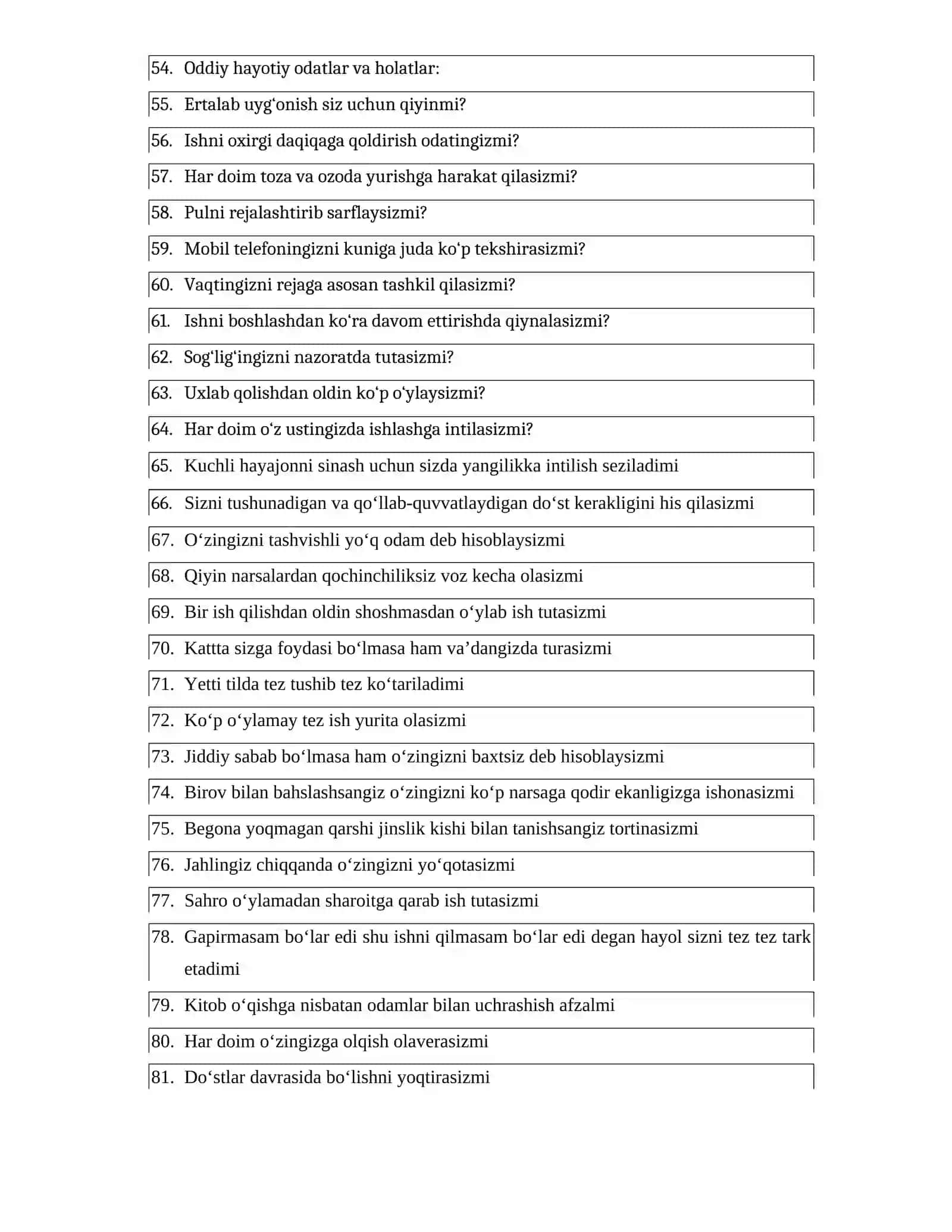 O'zbekiston Respublikasi Harbiy xavfsizlik va mudofaa universiteti HA/YO’Q PSIXOLOGIK TEST SAVOLLARI 3