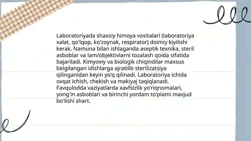 Mikrobiologiya laboratoriyasida xavfsizlik qoidalarini o'rganish 3