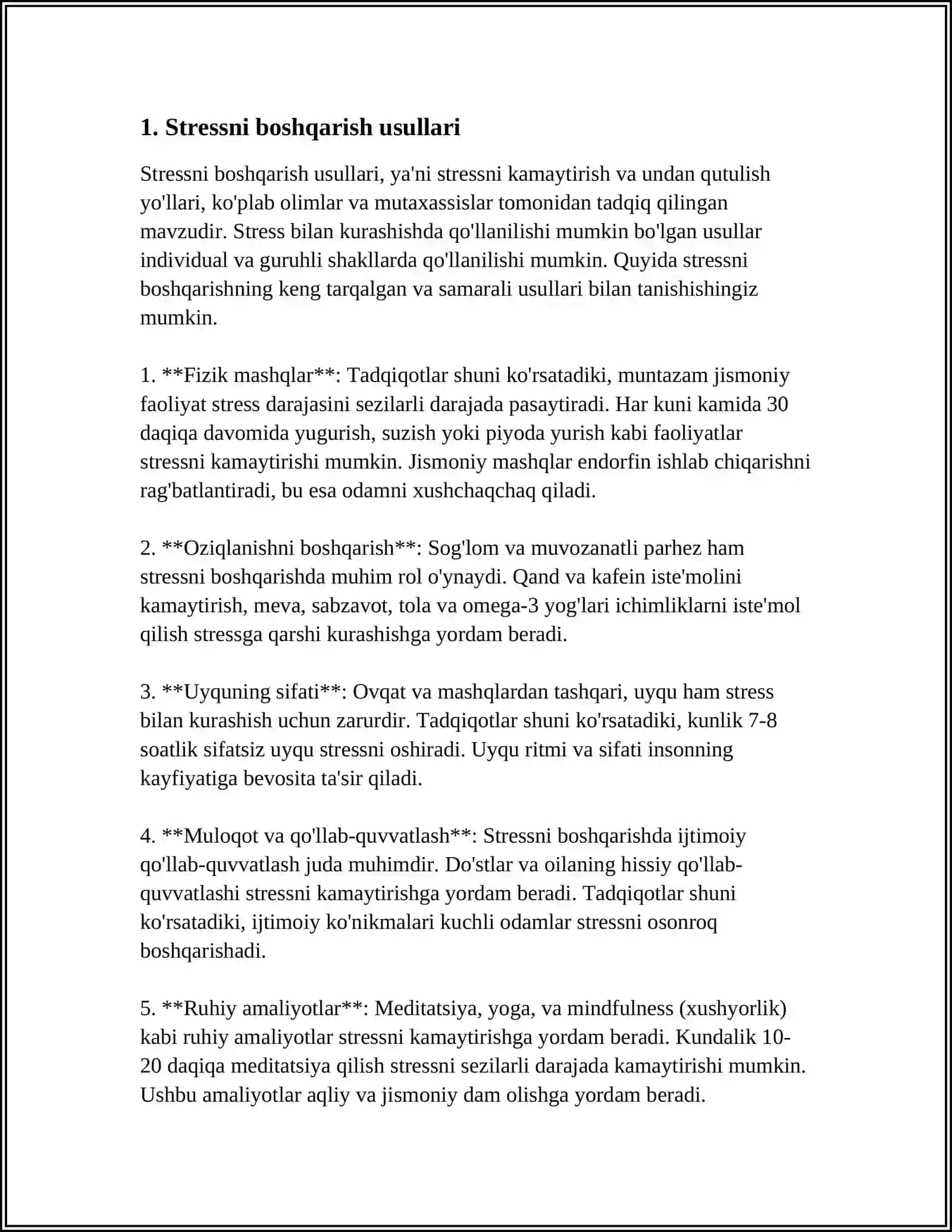 MUSTAQIL ISH Mavzu: STRESS VA VAQTNI SAMARALI OʻTKAZISH USULLARI 3
