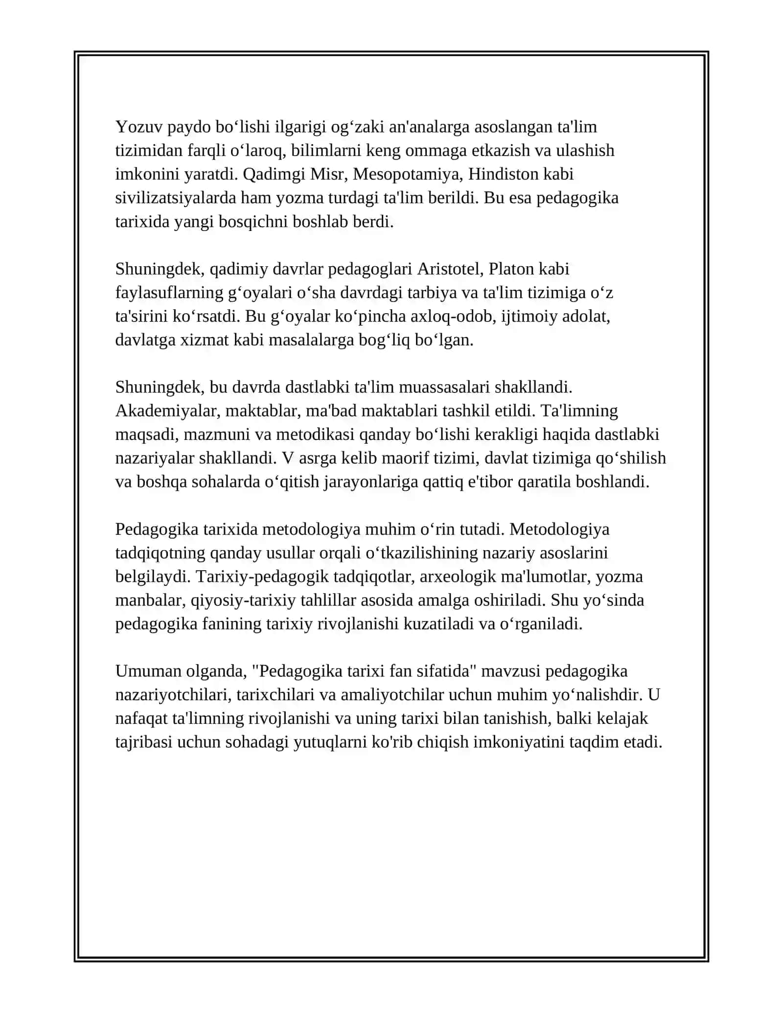 PEDAGOGIKA TARIXI FAN SIFATIDA.IBTIDOIY JAMOADA TARBIYA.ENG QADIMGI DAVRLARDAN VLL ASRGACHA TAʼLIM-TARBIYA VA PEDAGOGIK FIKRLAR 3