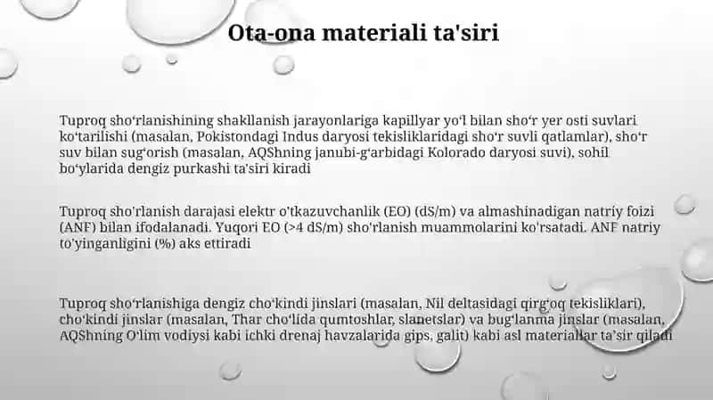 Sho‘rlangan tuproqlar paydo bo‘lishi va omillari 3
