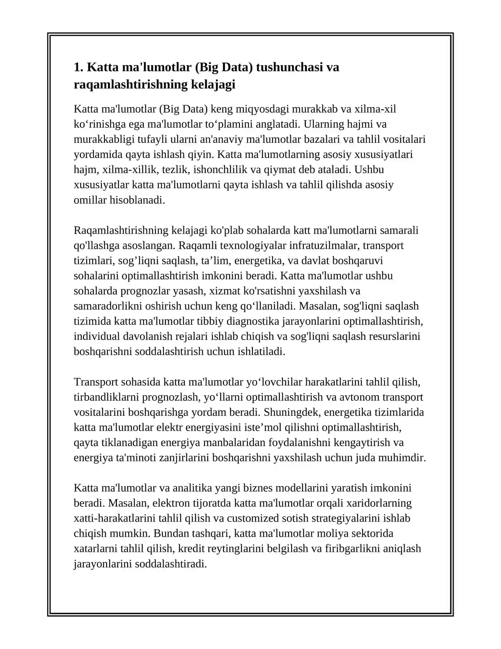 KELAJAK TEXNOLOGIVALARI VA RAGAMLASHTIRISH OGIBATLARI. KATTA MA' LUMOTLAR (BIG DATA) VA ANALITIKA, MA'LUMOTLAR BAZASINI TASHKIL GILISH MEXANIZMI 3