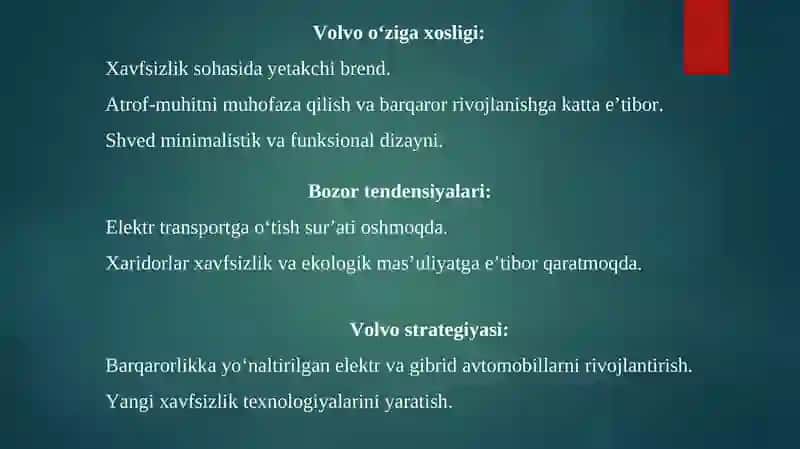 Volvo Brendi Raqobat Muhiti, Maqsadli Auditoriyasi va Pozitsiyasi Tahlili 3
