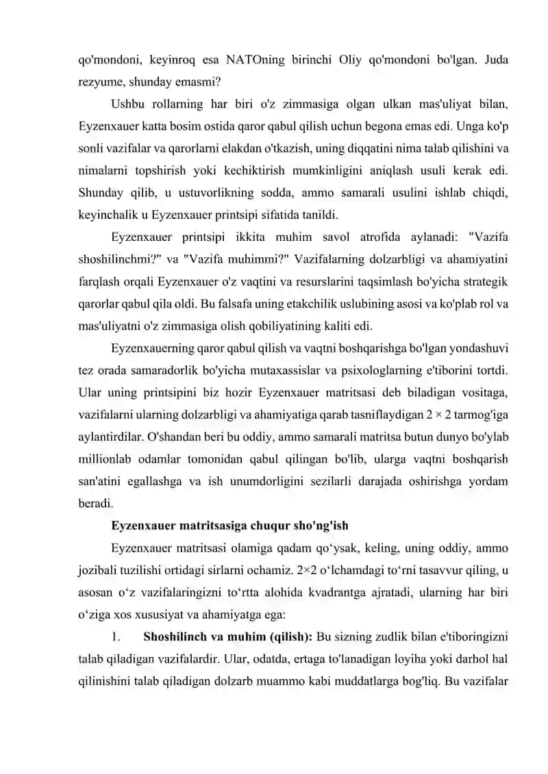 Ma'ruza - Vaqtni boshqarishda “Eyzenhower Matrix” (muhim va shoshilinch ishlarni ajratish) amaliyoti. 3