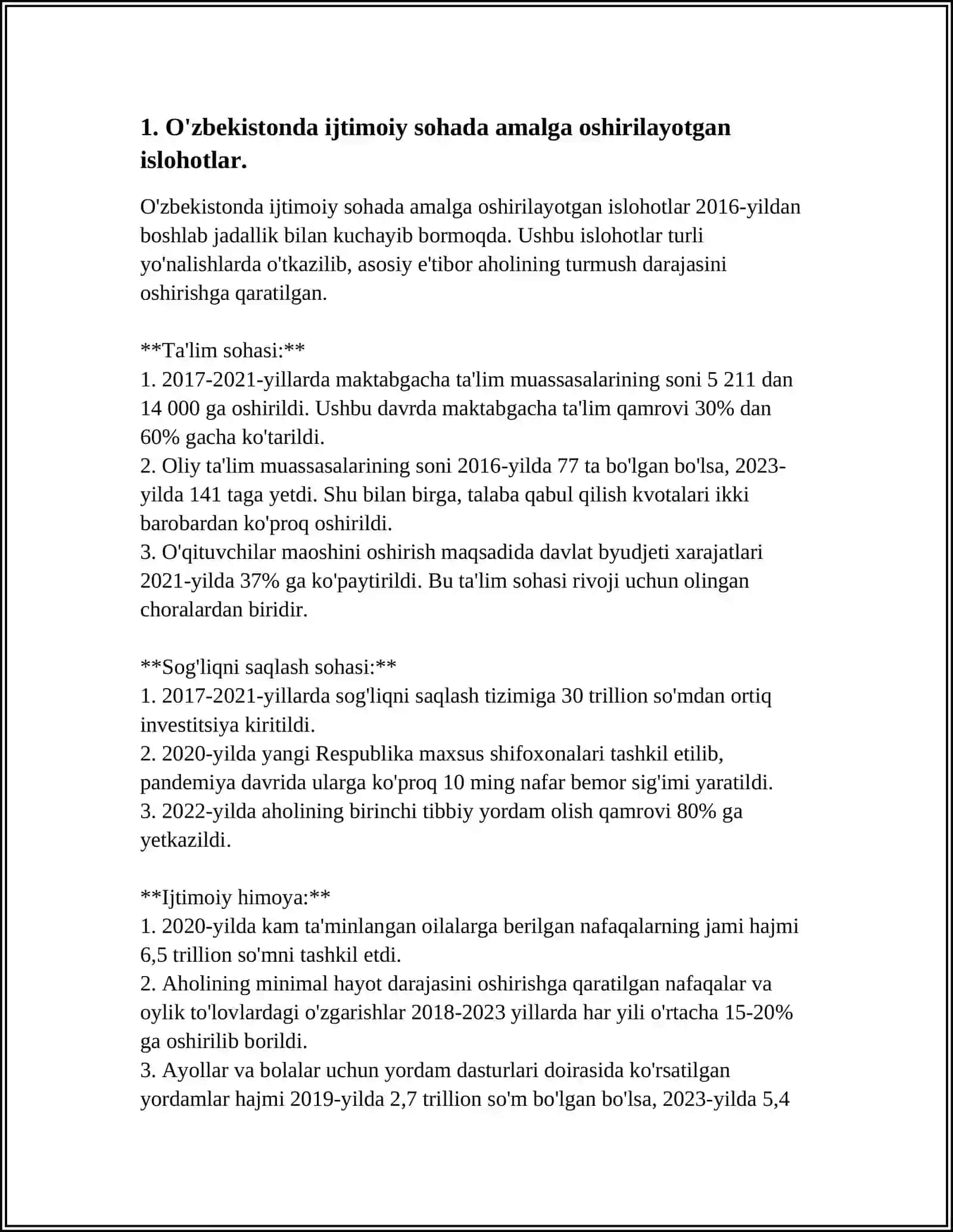 O'ZBEKISTONDA IJTIMOIY SOHADA AMALGA OSHIRILAYOTGAN O'ZGARISHLAR MAZMUN VA MOHIYATI 3