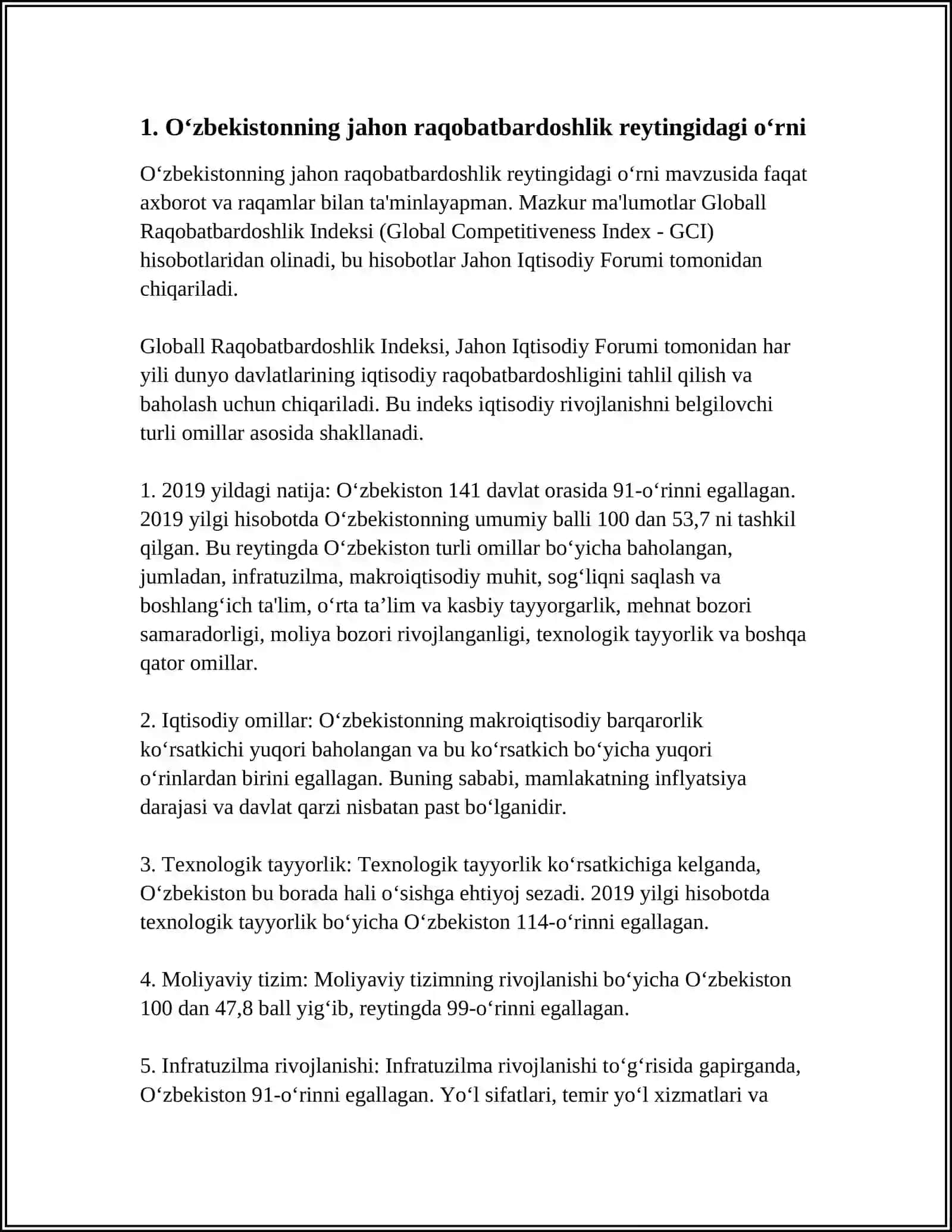 OʻZBEKISTON RESPUBLIKASINING XALQARO REYTING INDEKSLARIDAGI ÓRIN VA NUFUZING ORTIB BORISHI 3