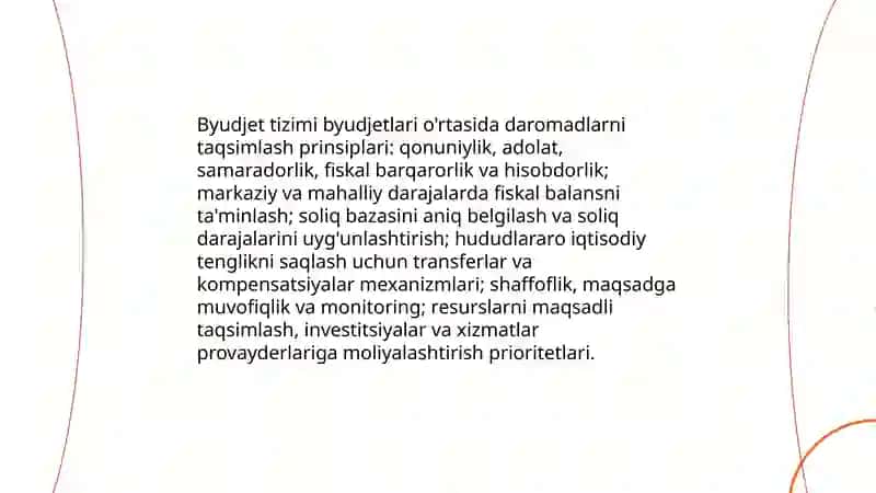 Byudjet tizimi byudjetlari o'rtasida byudjet daromadlari va soliqlarning qayta taqsimlanishi 3