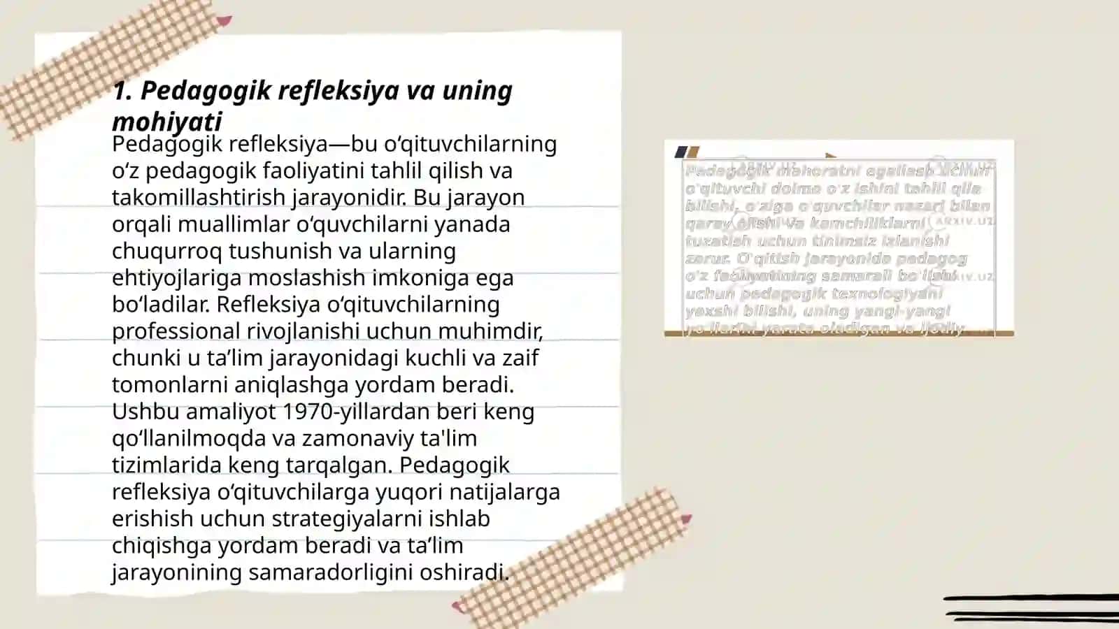 O‘qituvchining kasbiy pedagogik refleksiya asosida o‘z pedagogik mahorati, imkoniyatlarini takomillashtirishi 3