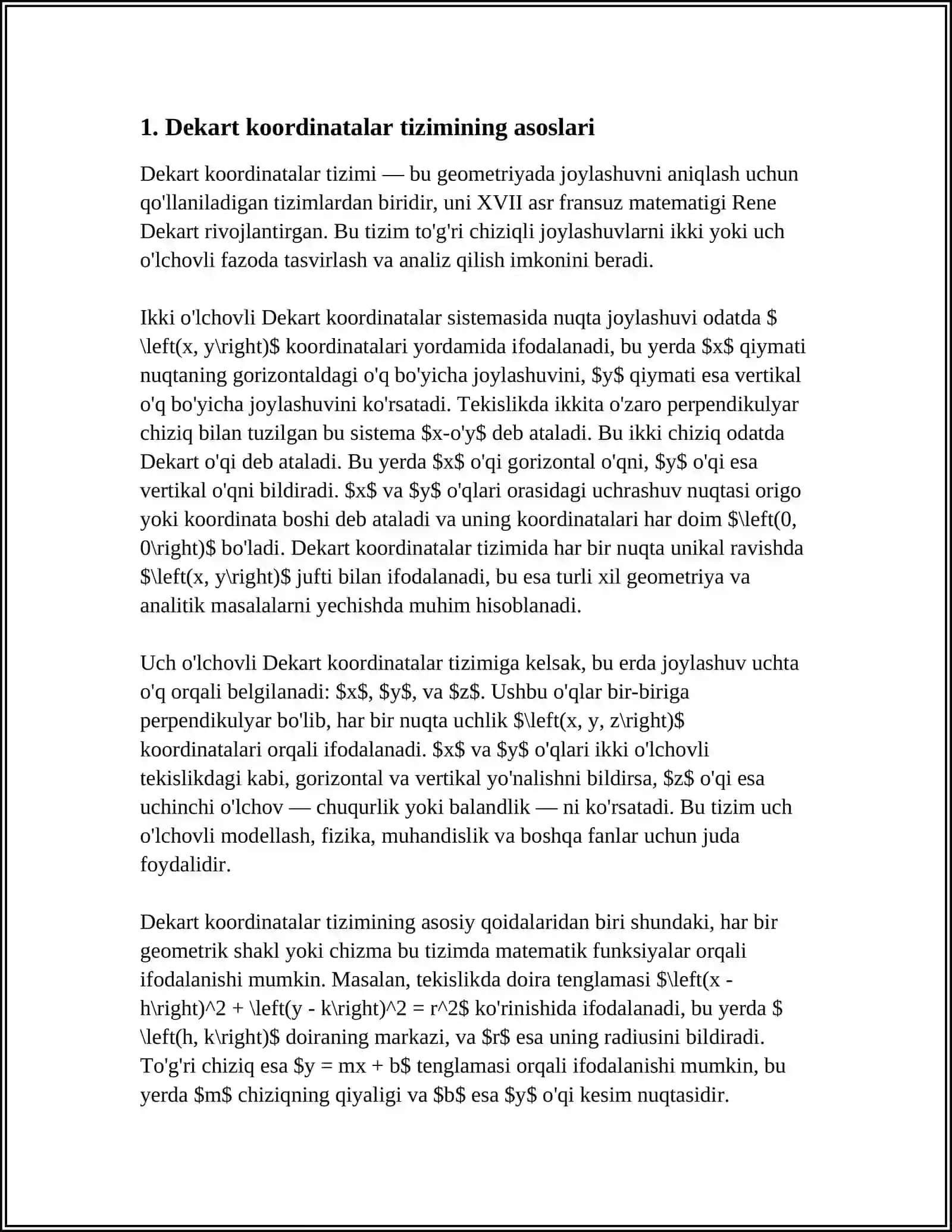 TEKISLIKDA VA FAZODA DEKART KOORDINATALAR SISTEMASI.KESMANING BERILGAN NISBATDA BOʻLISH,UCHBURCHAK YUZINI,OGʻIRLIK MARKAZINI TOPISH 3