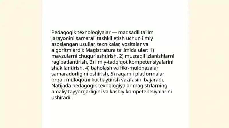 Pedagogik texnologiyalarning magistrlar o'quv faoliyatini faollashtirishdagi ahamiyati 3