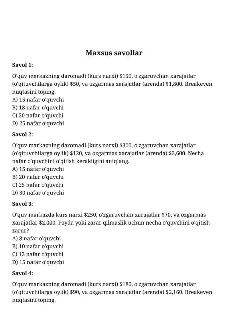 Xarajat va Foyda tahlili 3