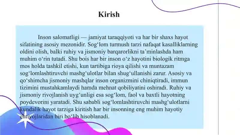 Asosiy sogʻlamshtiruvchi mashqlar, qoʻahimcha sogʻlomlashtiruvchi tafbirlar. Turmush tarzini biologk 3