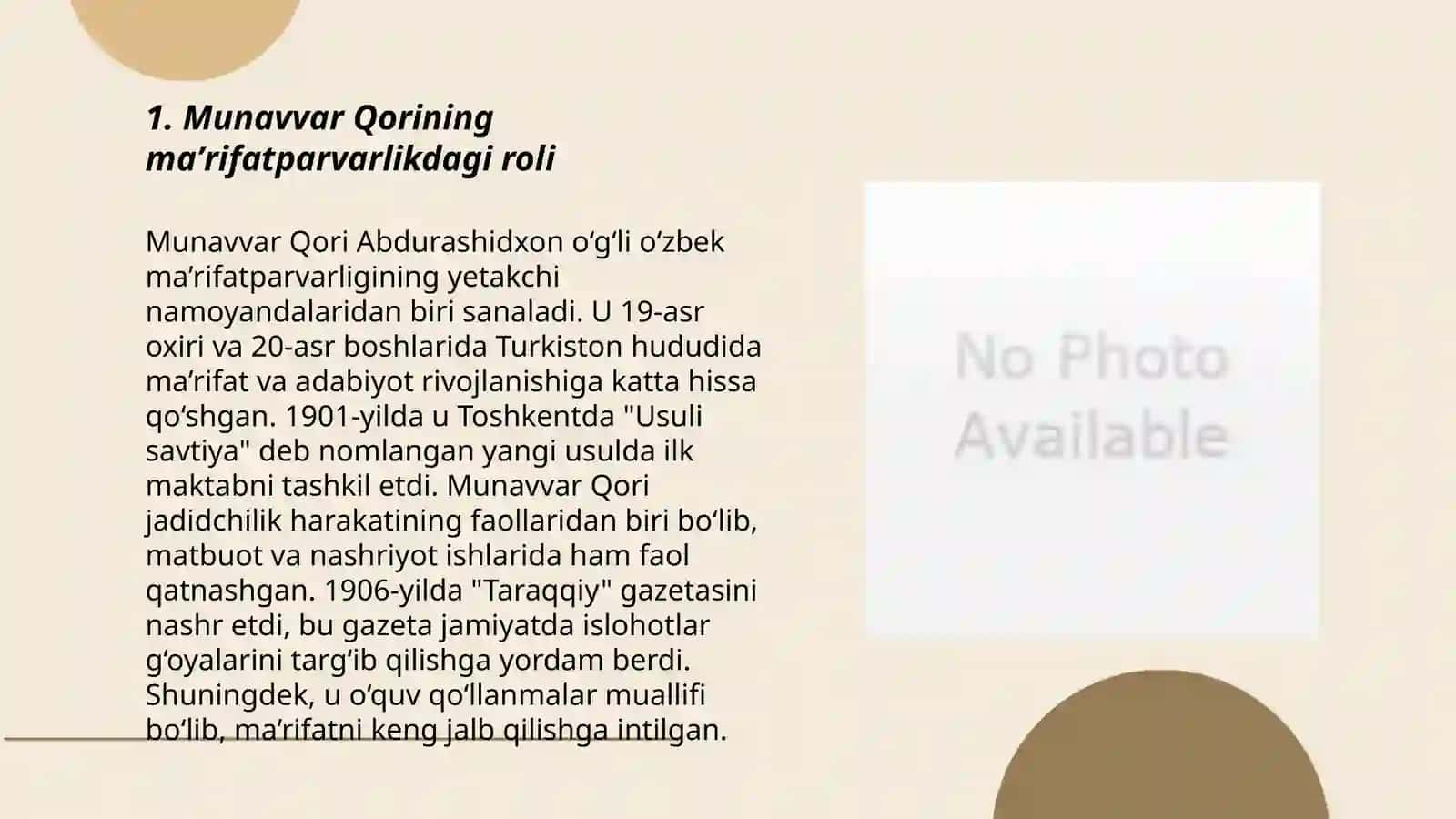 Jadid maʼrifatparvarlarning oʻlka ijtimoiy-maʼnaviy hayotida tutgan oʻrni (Munavvar Qori, Fitrat, Behbudiy, Avloniy va boshqalar) 3