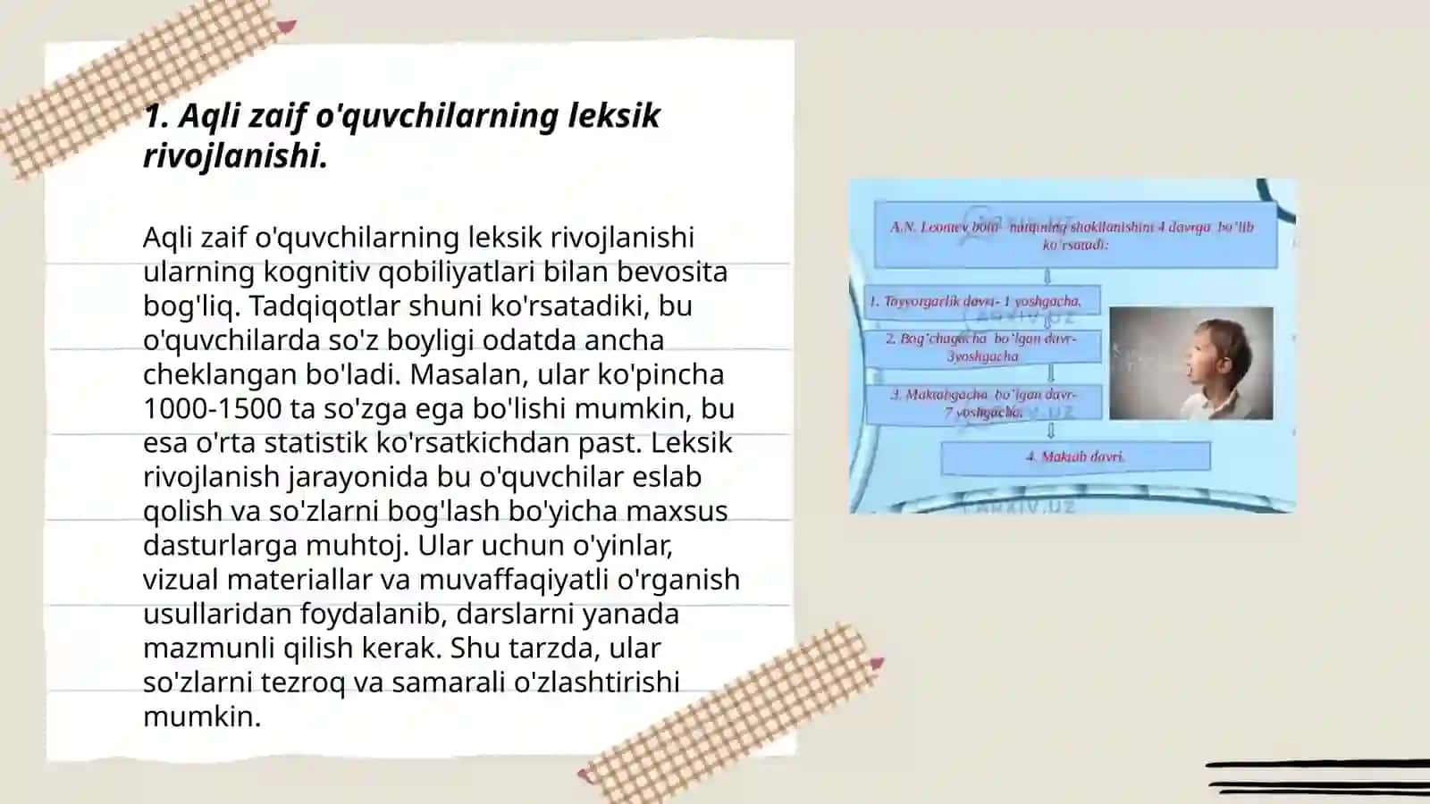 Aqli zaif o'quvchilar nutqining leksik tomonini tavsiflab bering 3