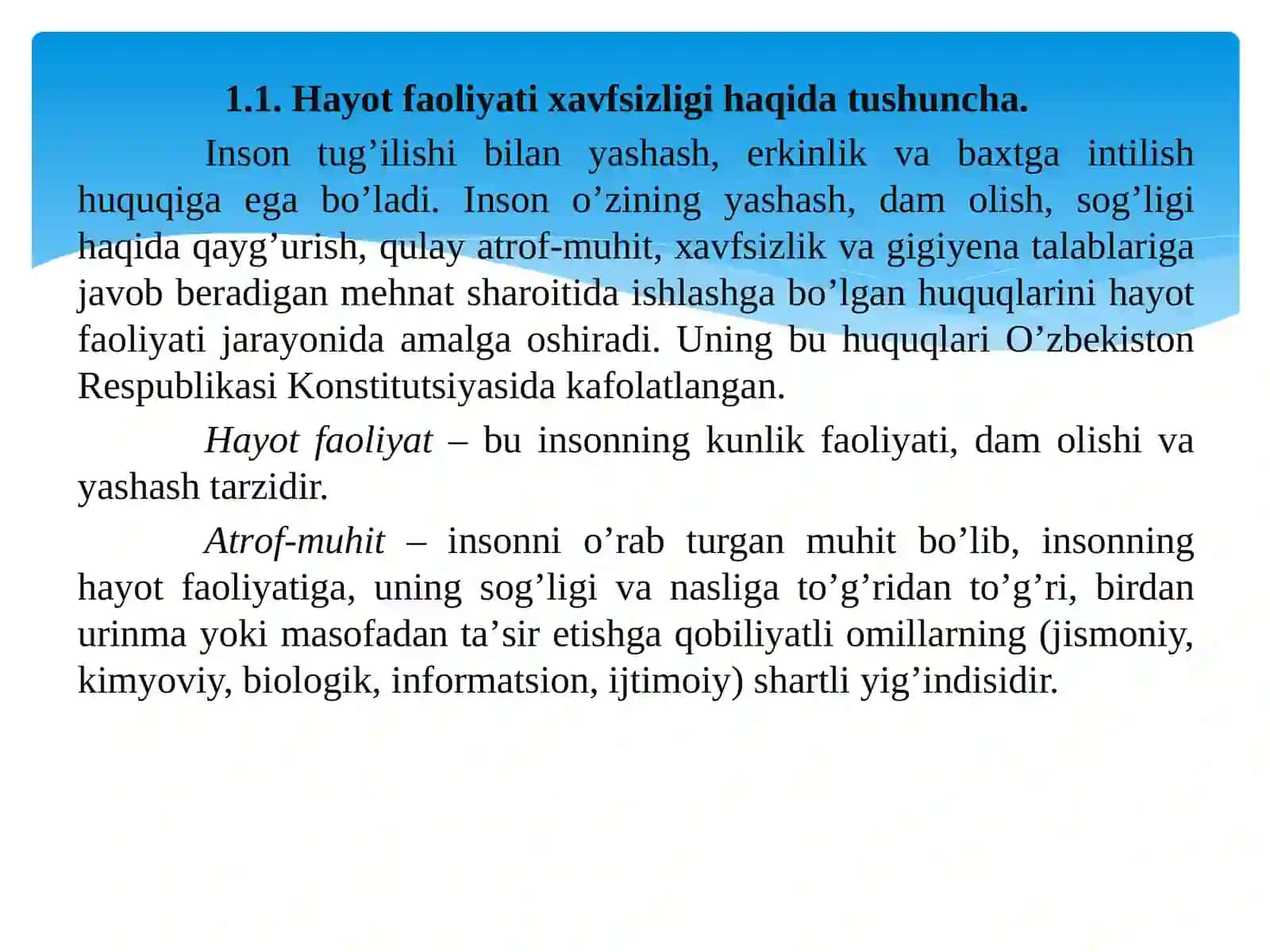 1-MODUL.1-Mа’ruzа:Hayot faoliyati xavfsizligini ta’minlash asoslari 3