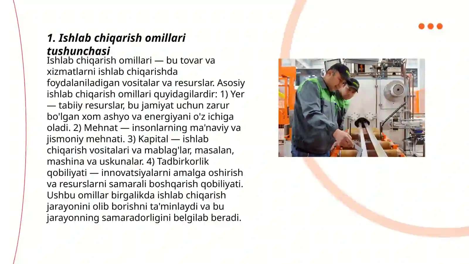 Ishlab chiqarish va ishlab chiqarish omillari va xarajatlari tug'risida Ergasheva E'zoza 3