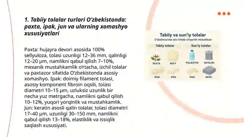 Tabiiy va sun’iy tolalar. O‘zbekistonda tola ishlab chiqarish metodikasi 3
