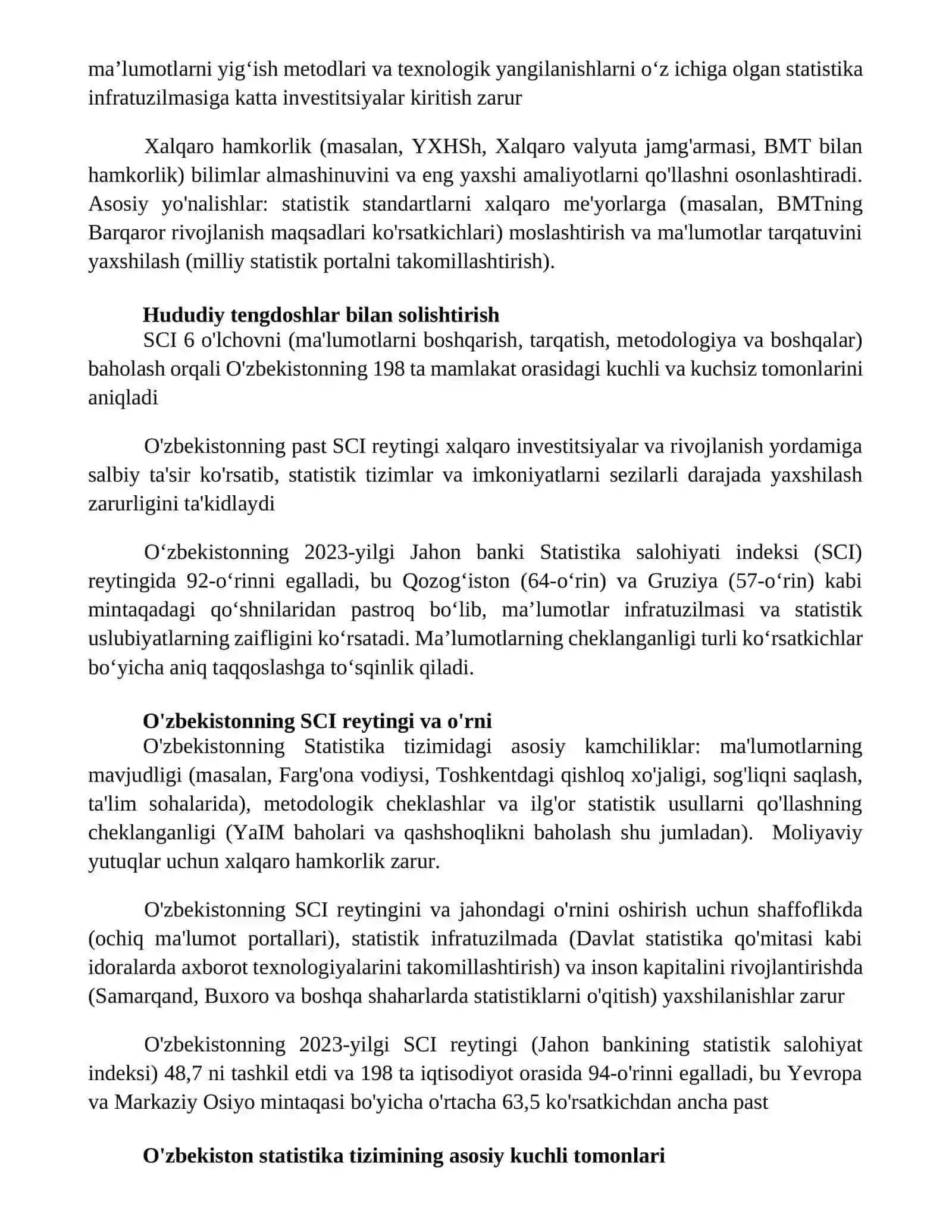 O'zbekistonning Jahon banki statistika salohiyati indeksi (SCI) reytingi ma'lumoti 3