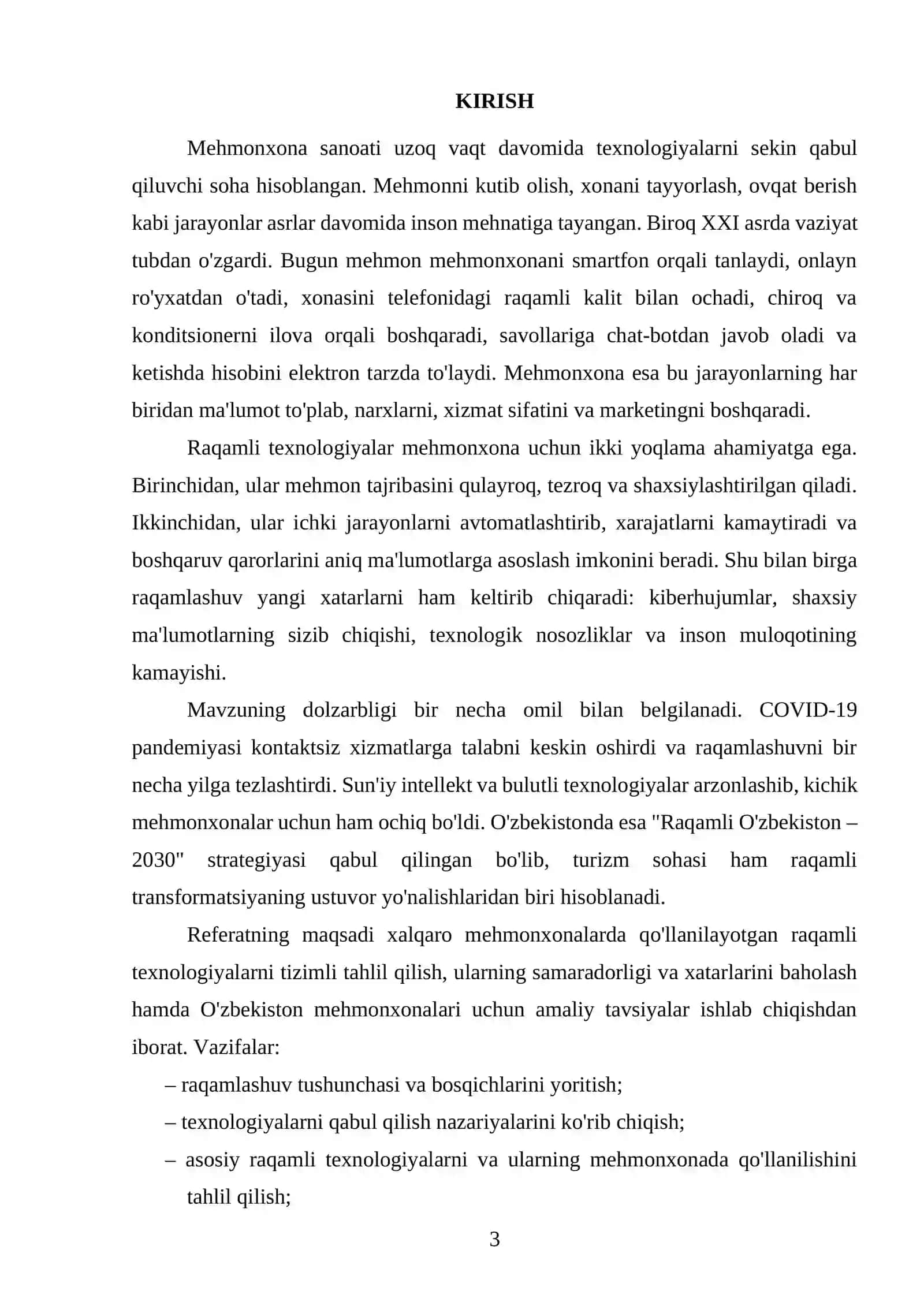 “Xalqaro mehmonxonalarda raqamli texnologiyalar” REFERAT 3