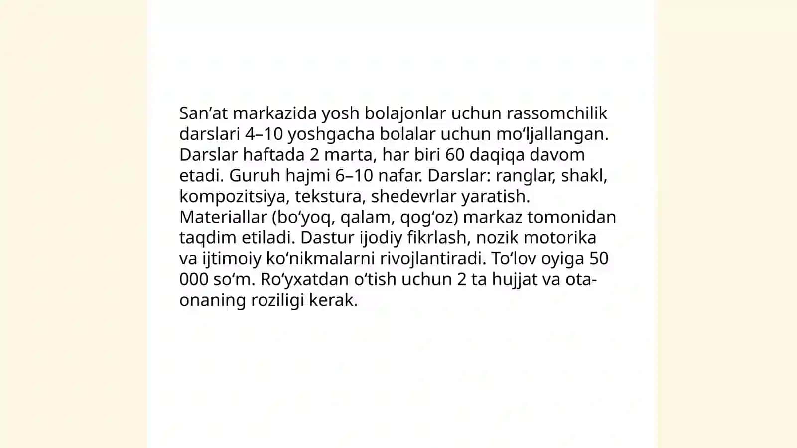 Sanʼat markazida yosh bolajonlar uchun rassomchilik darslari 3