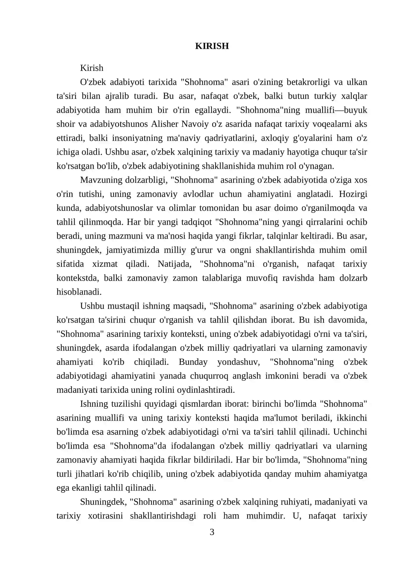 "Shohnoma" va uning o'zbek adabiyotiga koʻrsatgan ta'siri haqida bayon qiling 3