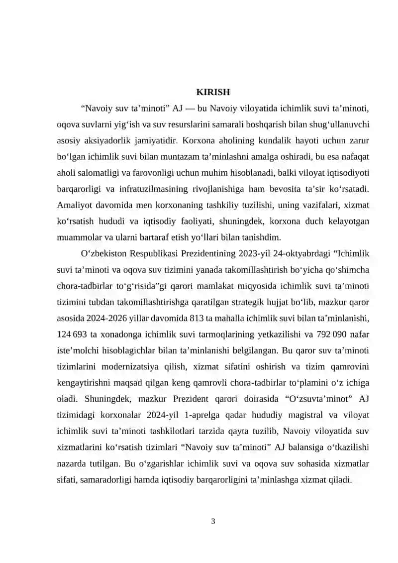 “Navoiy suv ta’minoti” AJ da o‘tkazilgan MALAKAVIY AMALIYOT BO‘YICHA  XISOBOTI 3