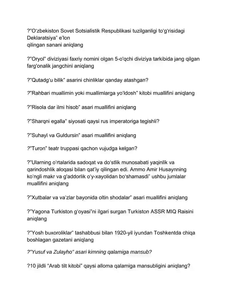 O'zbekiston tarixi fanidan yopiq testlar jamlanmasi 3