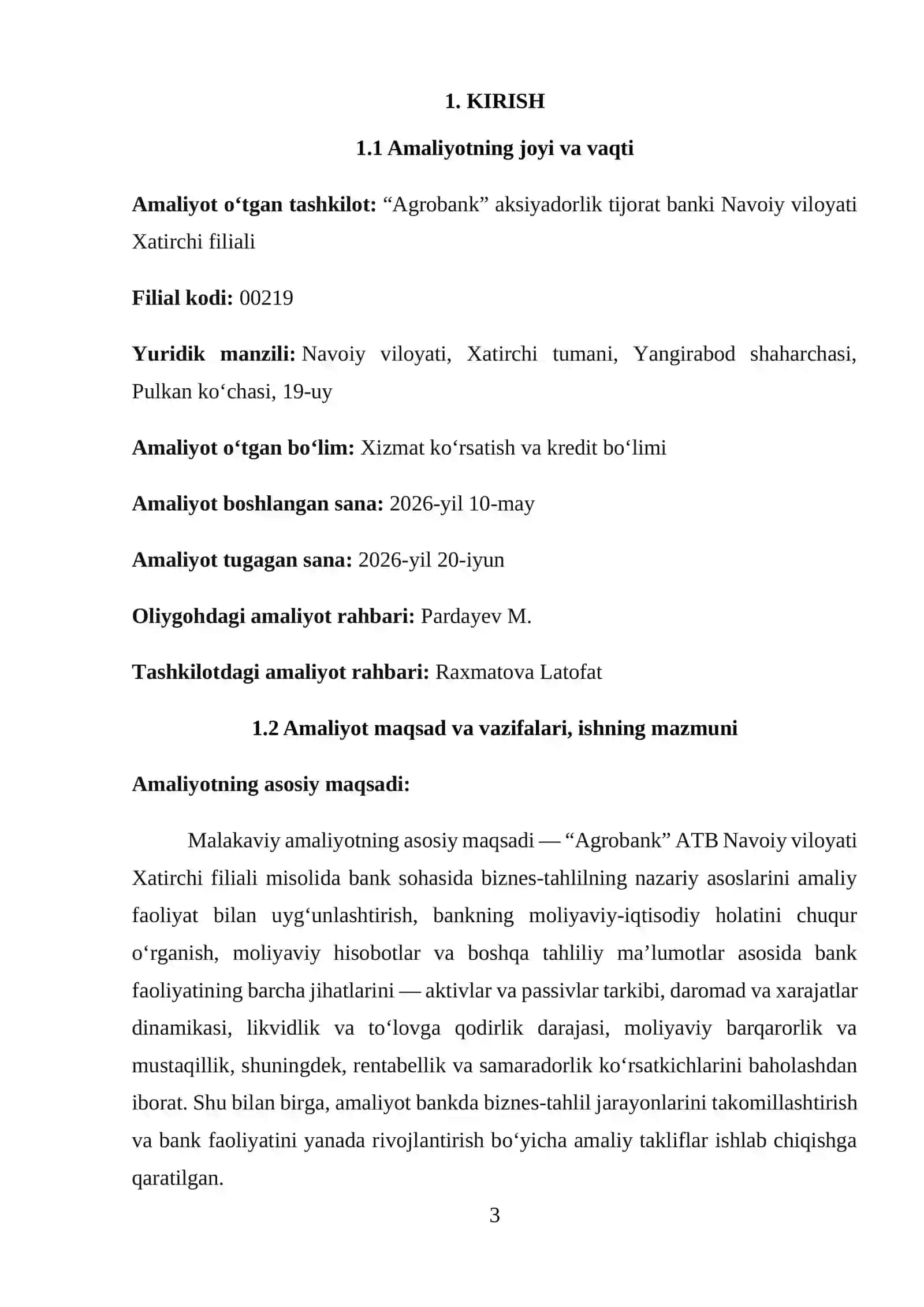 “Agrobank” aksiyadorlik tijorat banki Navoiy viloyati Xatirchi filiali. amaliyot hisoboti 3