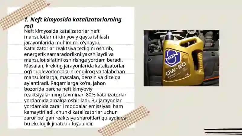 Neft gaz kimyosi sentizida qo'llaniladigan katalizatorlar neft, neft mahsulotlarining galogenli hosilalari va ularning ishlatilishi 3
