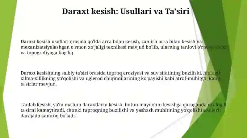 Daraxt kesish: Usullari, Qonunchilik va Atrof-muhitga Ta'siri 3