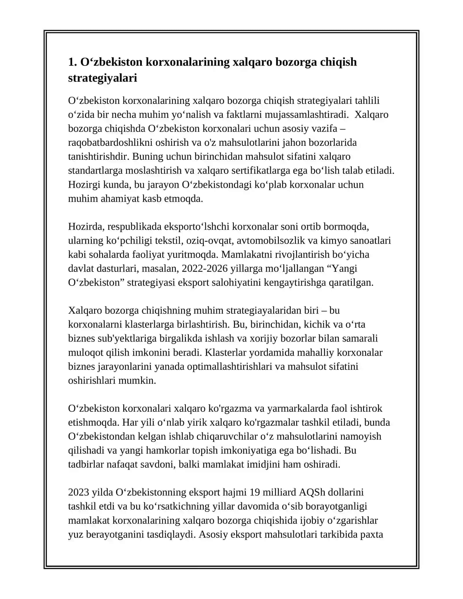 Oʻzbekiston korxonalarining xalqaro bozorga chiqish strategiyalari 3
