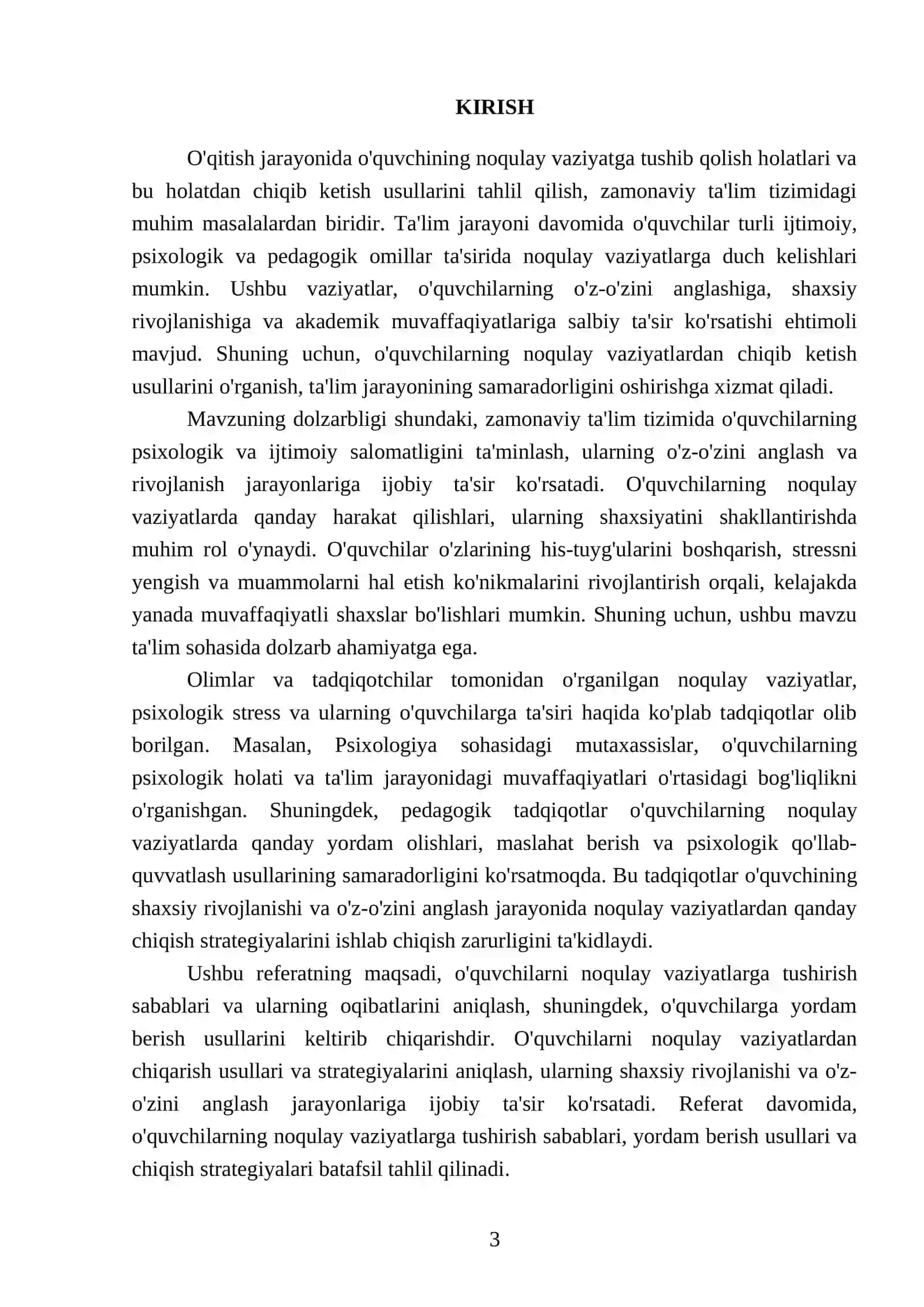 Oʻqitish jarayonida o'quvchining noqulay vaziyatga tushib qolish holatlari va bu holatdan chiqib ketish usullarini ishlab chiqarish 3