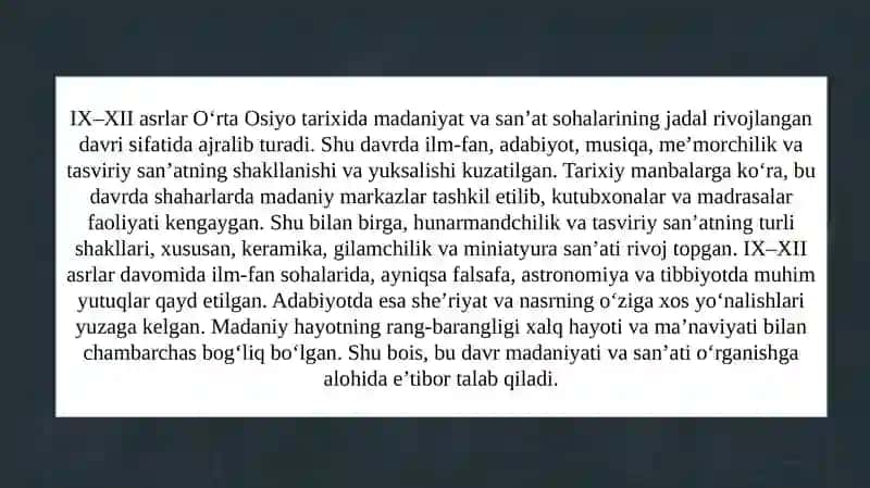 IX–XII asrlarda madaniyat va san’at   9 - 12 ASRLARDA MADANIYAT VA SANAT 3