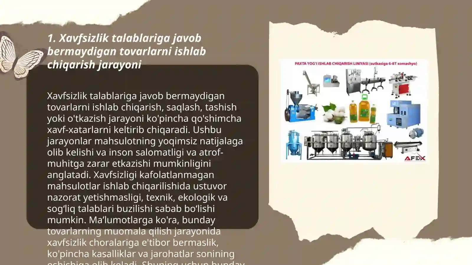 Xavfsizlik talablariga javob bermaydigan tovarlarni òtkazish maqsadini kòzab ishlab chiqarish saqlash, tashish yoxud o'tkazish, ishlar bajarish yoki xizmatlar kòrsatish 3