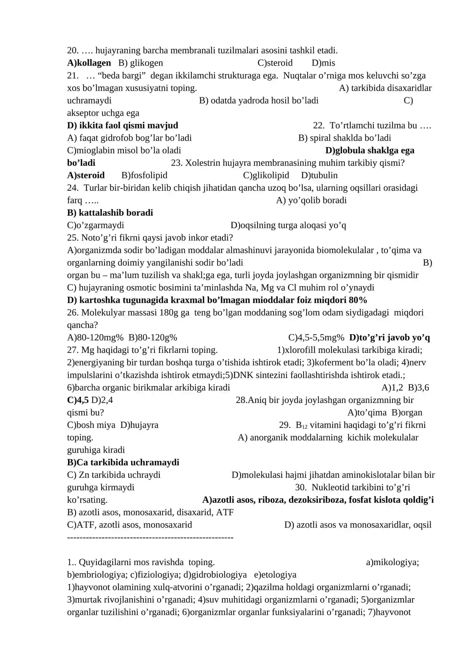 Biologiya fanidan 1200ta mavzulashtirilgan testlar javoblari bilan. 3