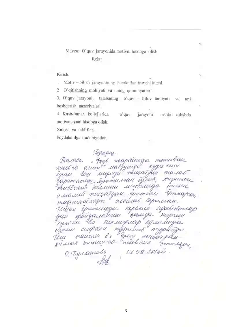 Kurs ishi: O’quv jarayonida motivni hisobga olish 3