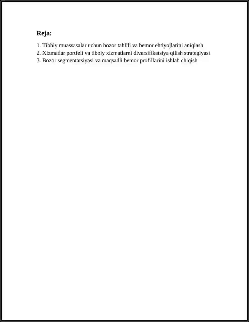 Tibbiy muassasalar marketingi rejasi 3