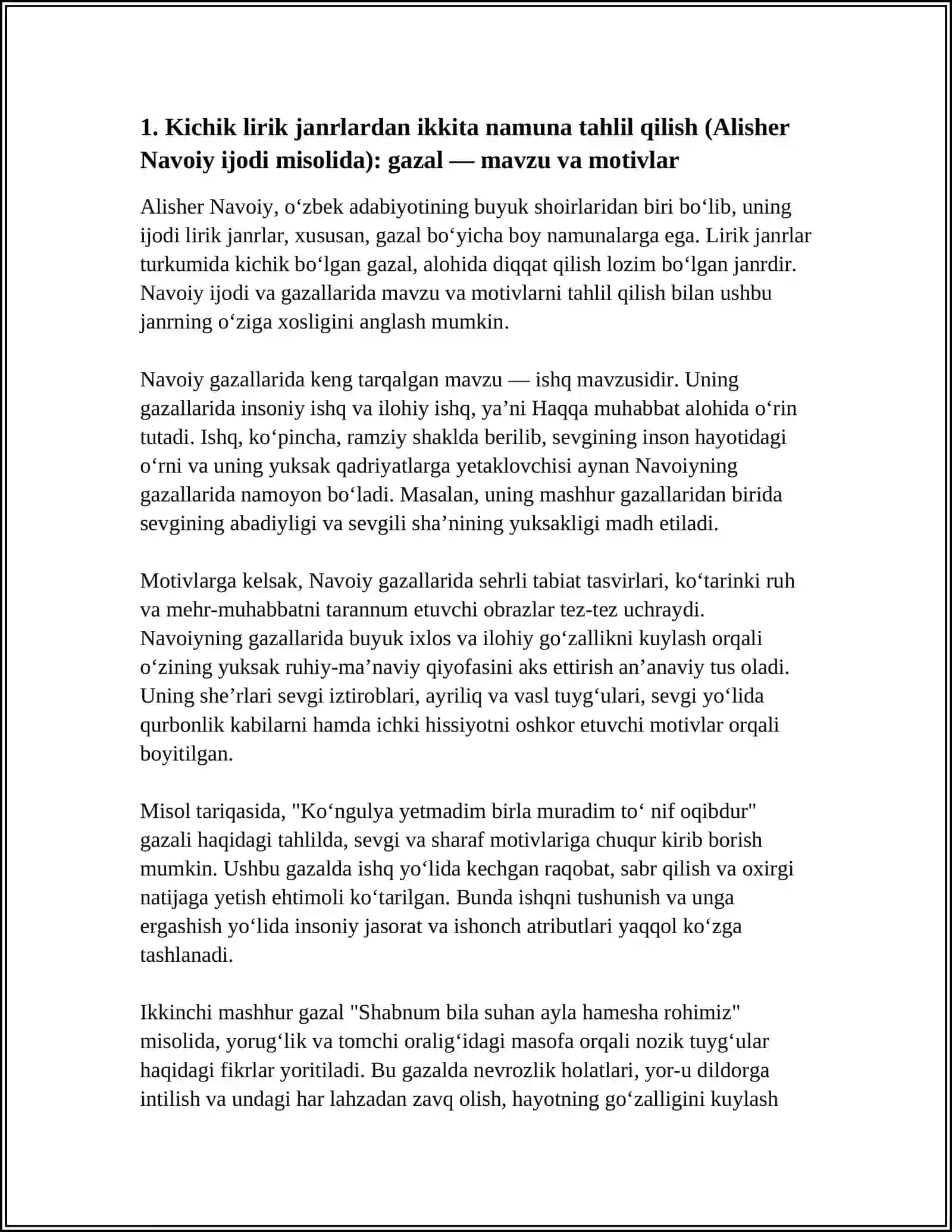 KICHIK LIRIK JANRLARDAN IKKITA NAMUNA TAHLIL QILISH (ALISHER NAVOIY IJODI MISOLDA) 3