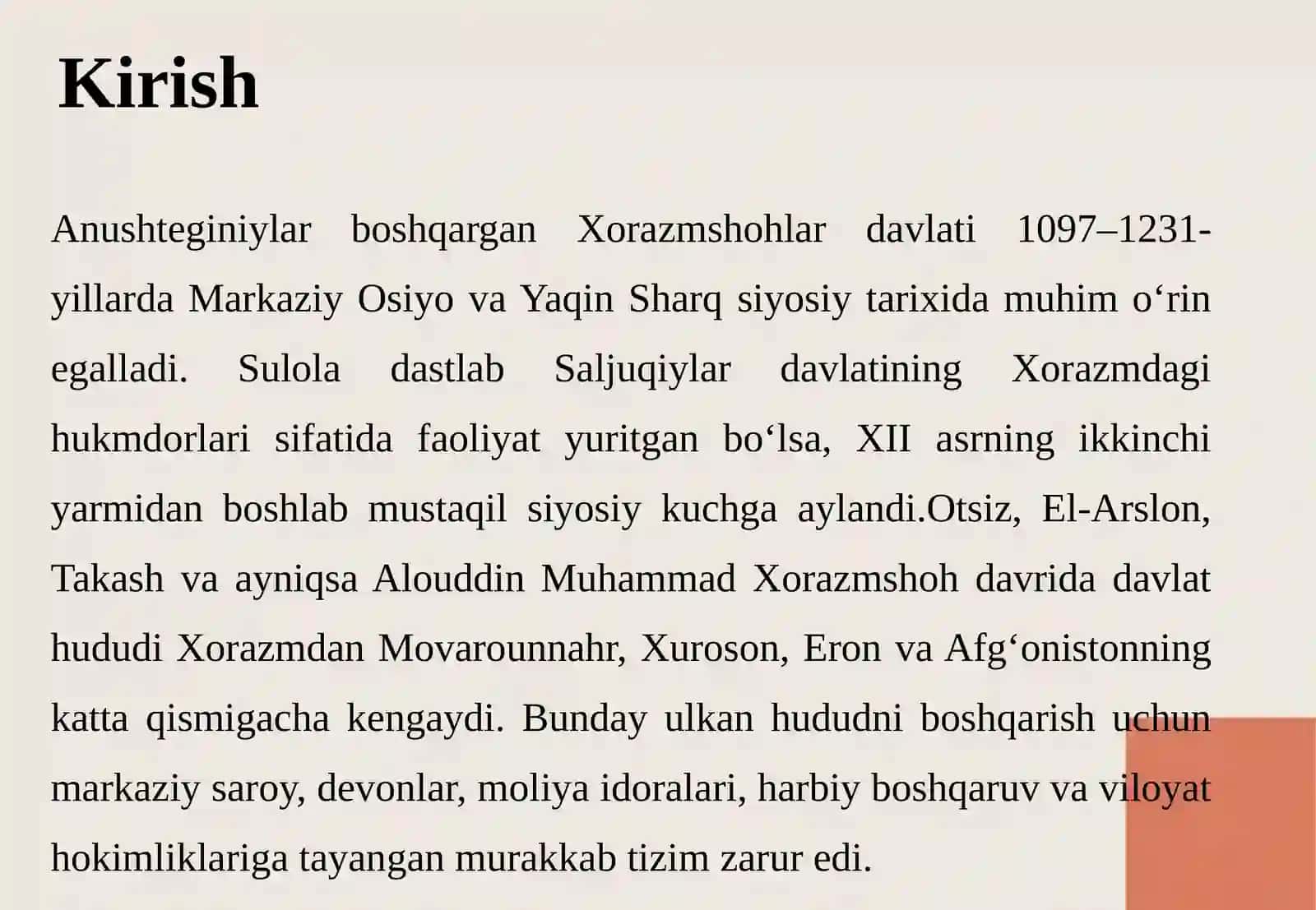 Xorazmshohlar davlatida saroy boshqaruvi, amaldorlar va harbiy-ma’muriy tizim. 3